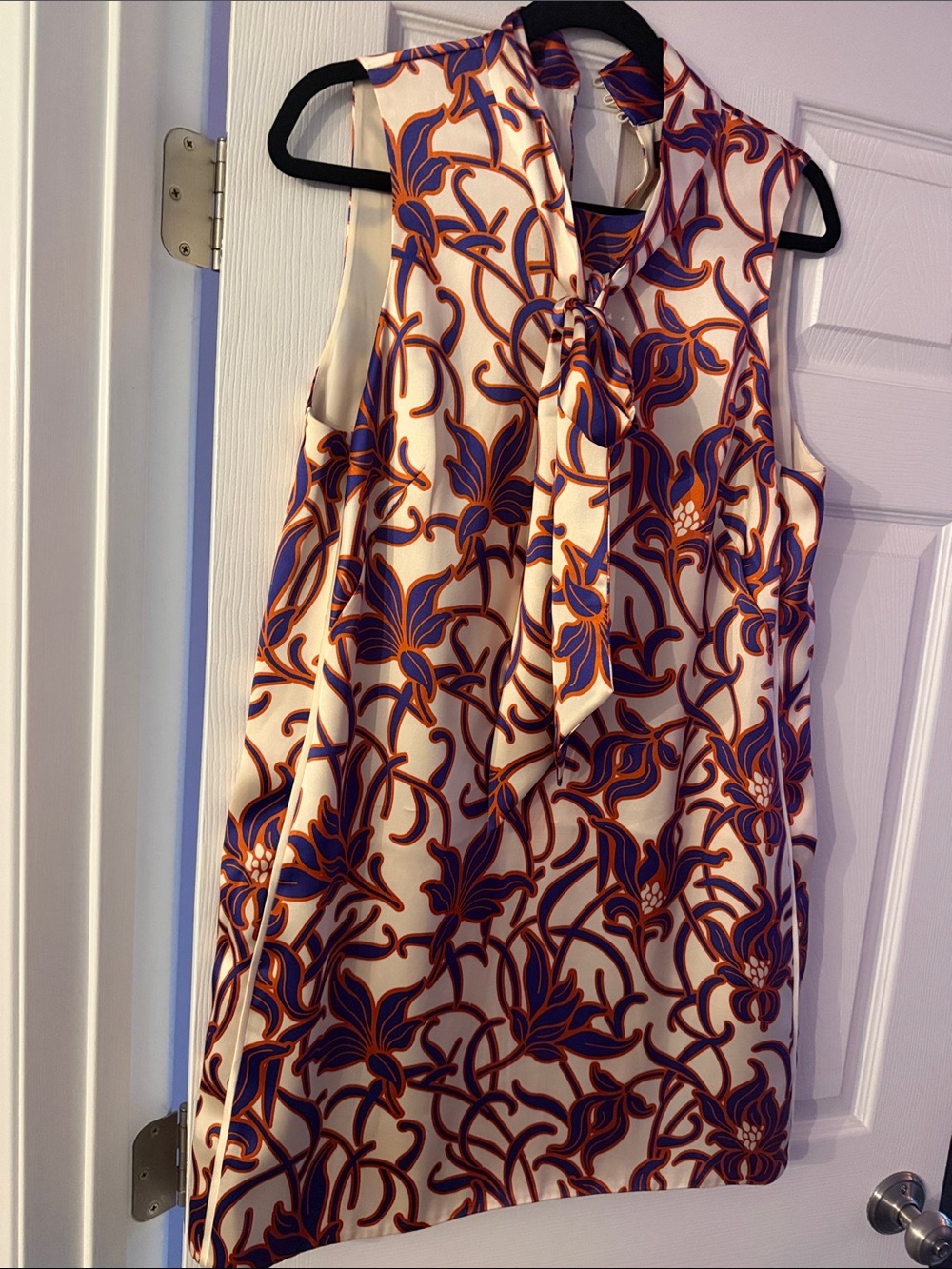 ME+EM Satin Graphic Tulip Sleeveless Cream Floral Tie-Neck Dress